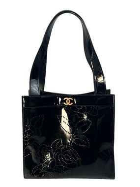 AUTH CHANEL Bag Perforated Camellia  Roses Black Patent Leather 24K GP Authentic